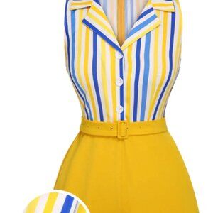 NWT 1950s Yellow White Blue Striped Lapel Romper By Retro Stage Size Medium